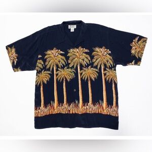 Avanti Silk Hawaiian Shirt XL Men's Palm Print Floral Navy Blue Aloha Camp